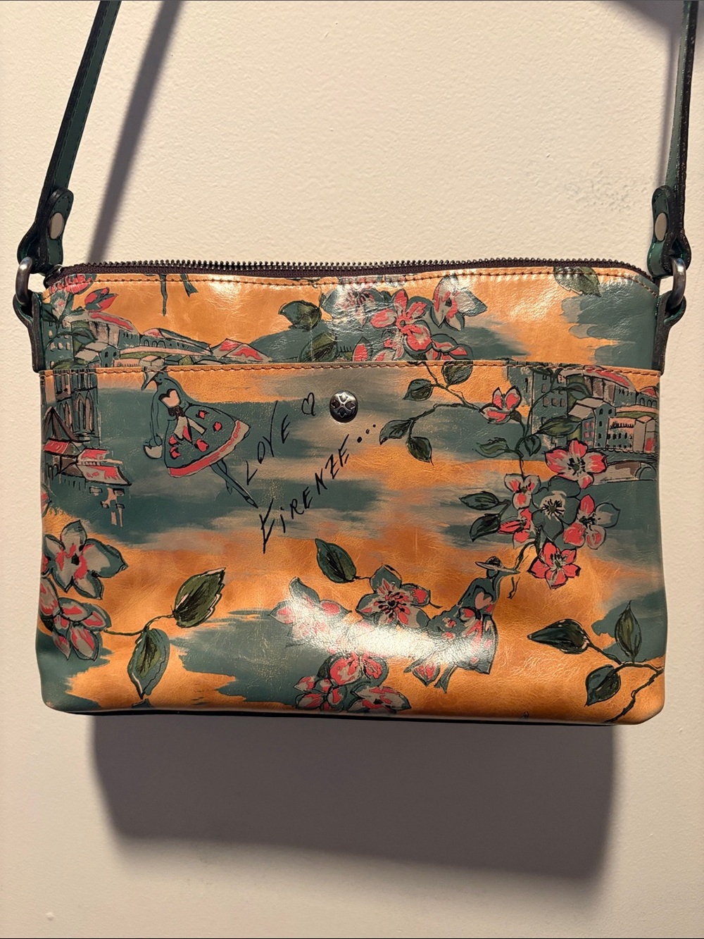 Patricia Nash Floral Printed Crossbody Bag in Tan and Green